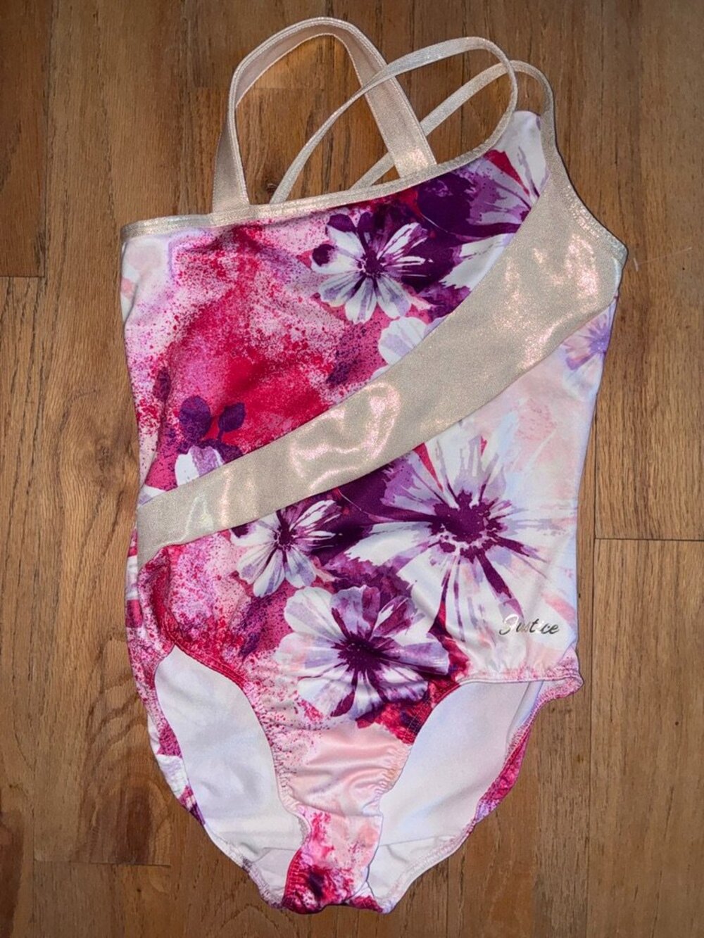 Justice Girls 7/8 Floral Leotard Metallic Gold Straps